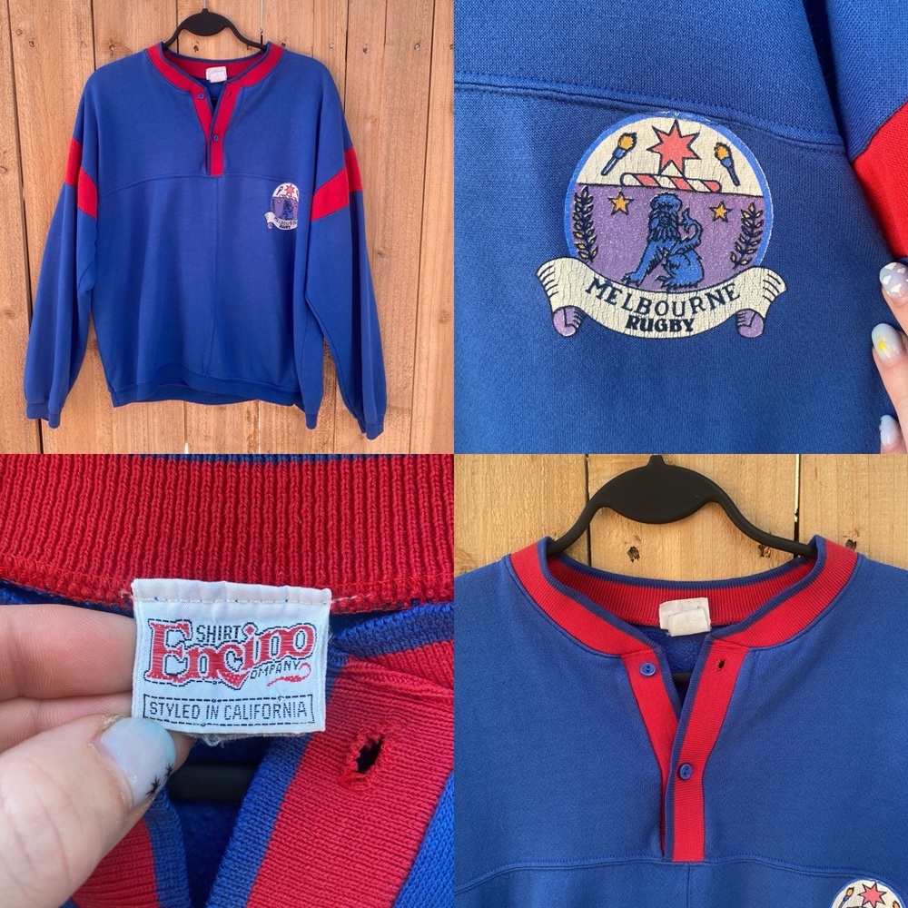 Vintage Henley Sweatshirt Large Melbourne Rugby Encino Shirt Company Red Blue